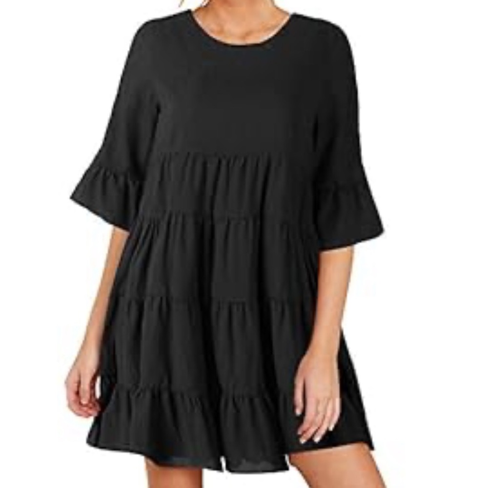 NWOT Joteisy Ruffle Sleeve Dress, Black Round Neck Loose Fit Casual Swing Short